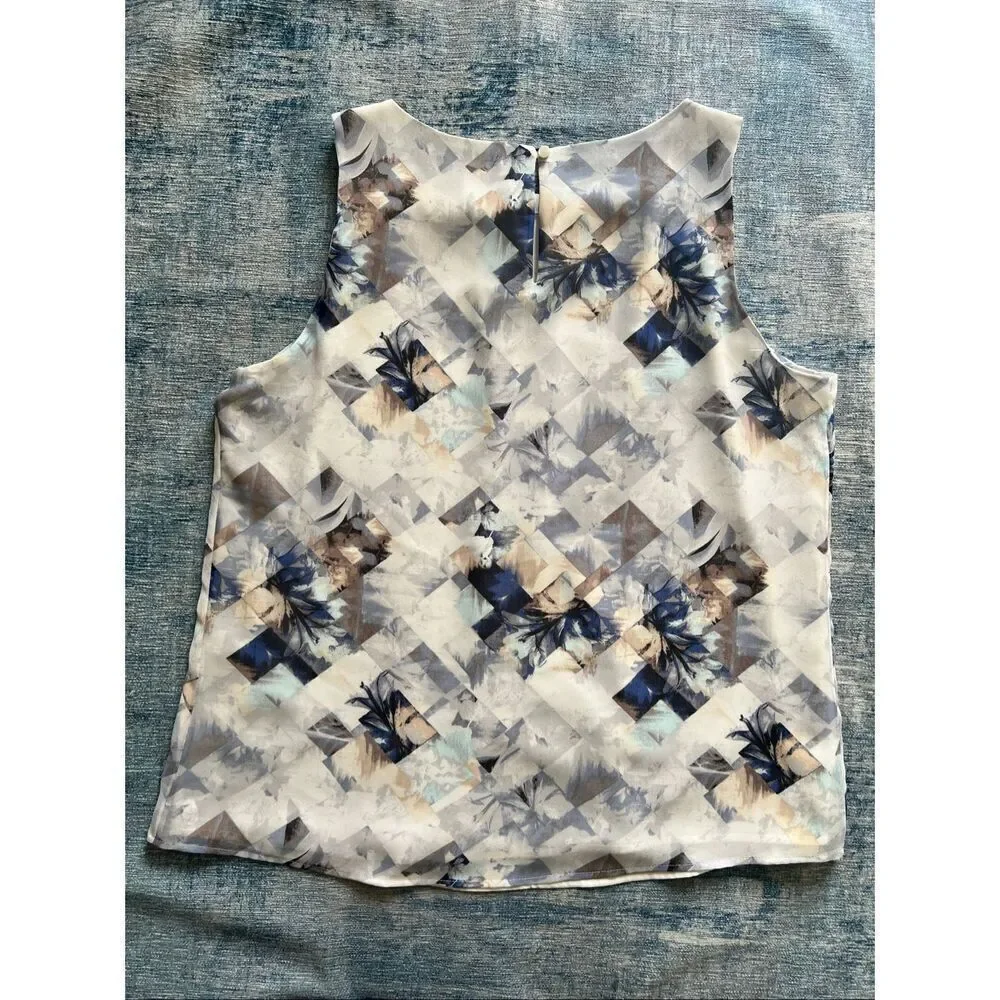 White House Black Market Ivory Blue Geometric Floral Print Sleeveless Blouse L